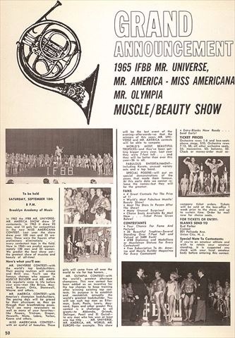 １９６５年の『マッスルビルダー』誌に掲載された第１回ミスターオリンピアの告知