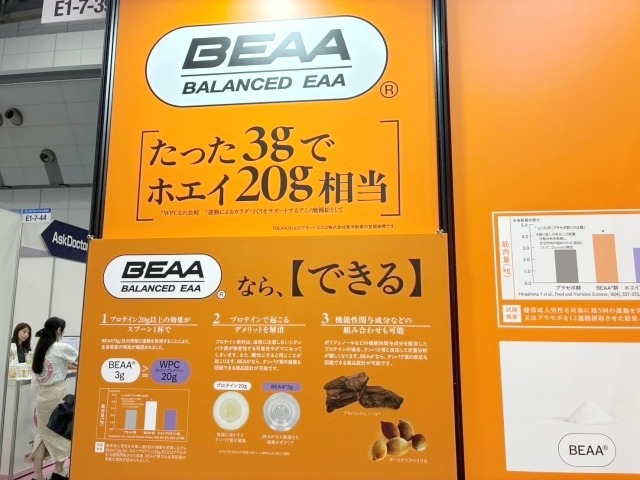 大々的な文言は栄養素が濃縮されている意味合いではなく、BEAA3gの摂取でホエイ20g相当の筋肥大効果が得られたことを示している。